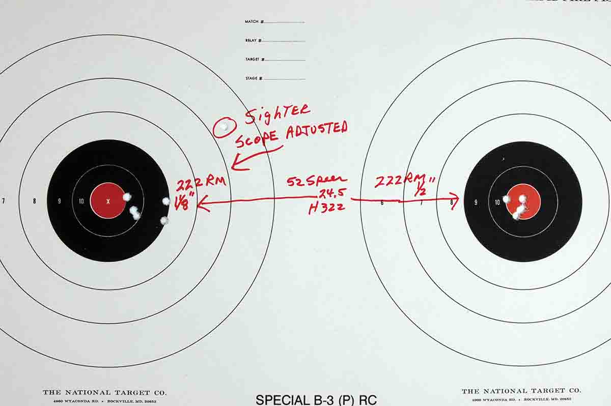 Mike’s all-time favorite load, judged by testing done in the early 1980s, was 24.5 grains of Hodgdon H-322 with Sierra 52-grain HPs. It has always shot well as shown by these two groups.